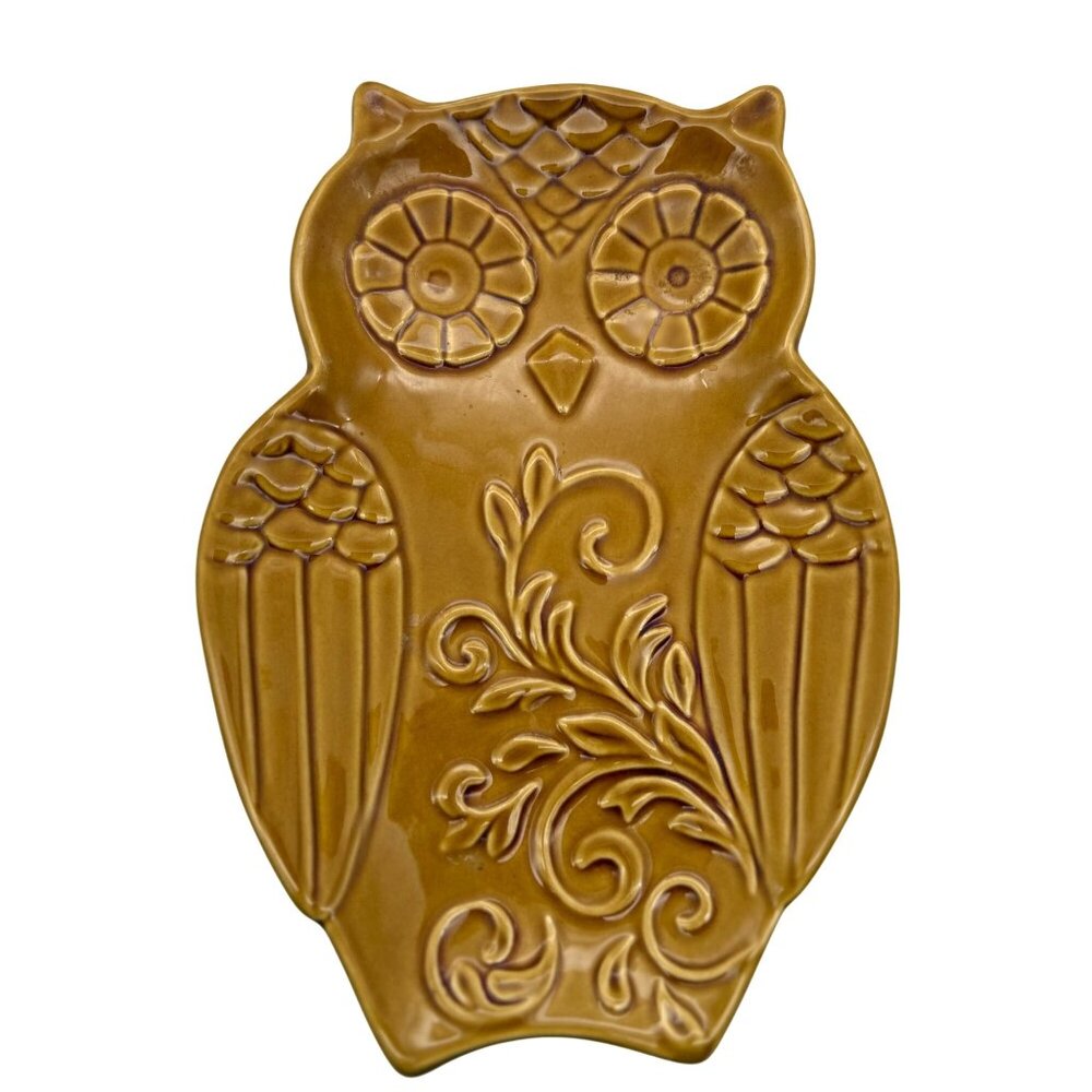 Dutch Wax Ceramic Owl Decorative Plate Handpainted Boho Kitchen Harvest Gold 8"